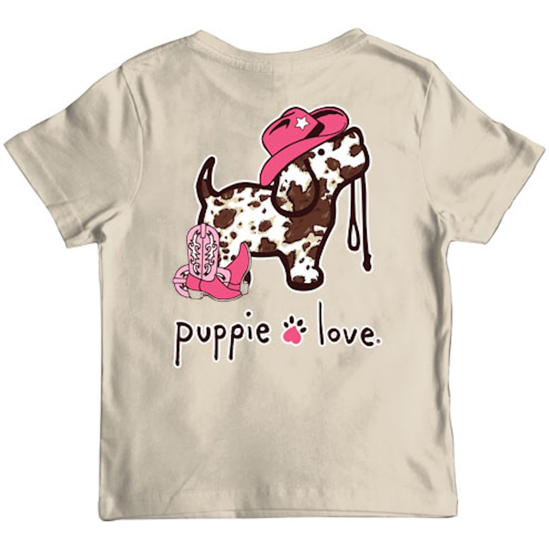 PUPPIE LOVE Cow Print Pup Youth Short Sleeve Tee, Natural, 2-4