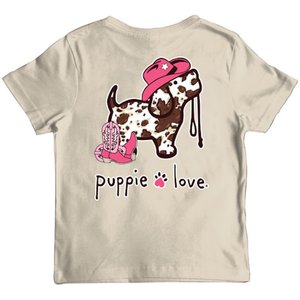 PUPPIE LOVE Cow Print Pup Youth Short Sleeve Tee, Natural, 2-4