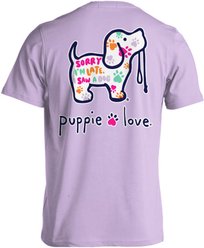 PUPPIE LOVE Sorry I'm Late Pattern Pup Adult Short Sleeve Tee, Orchid, Small