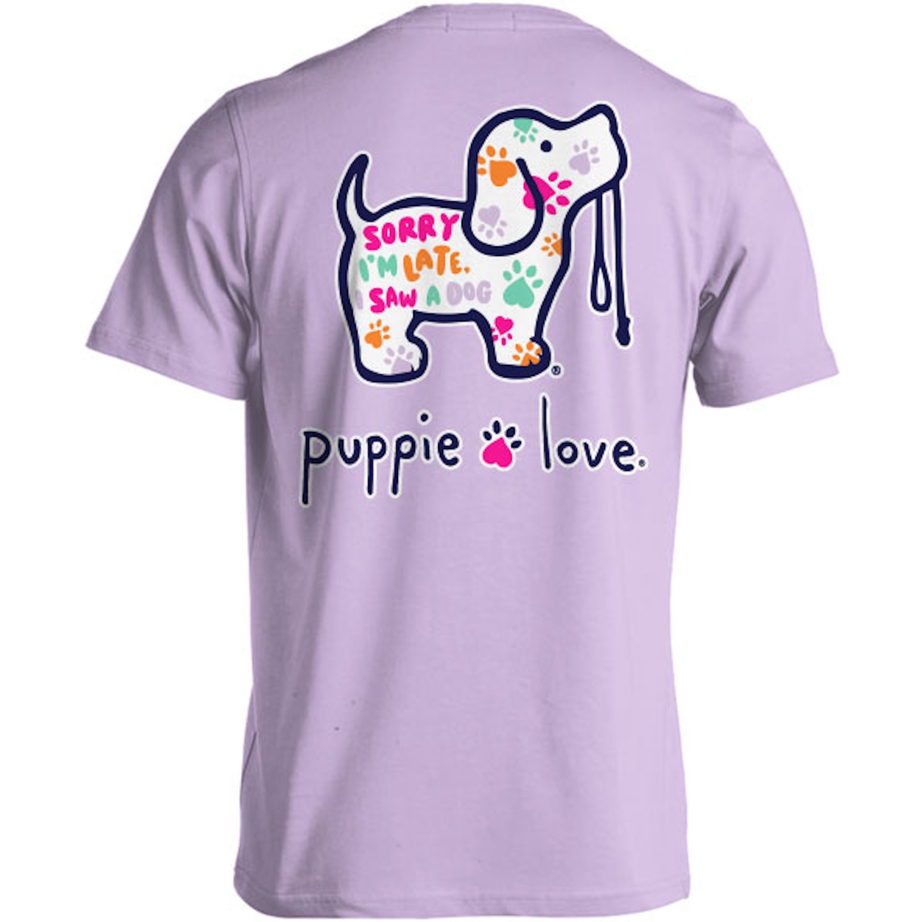 PUPPIE LOVE Sorry I'm Late Pattern Pup Adult Short Sleeve Tee, Orchid, Small