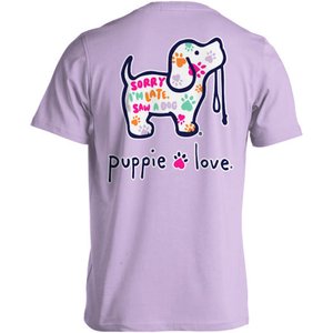 PUPPIE LOVE Sorry I'm Late Pattern Pup Adult Short Sleeve Tee, Orchid, XXX-Large