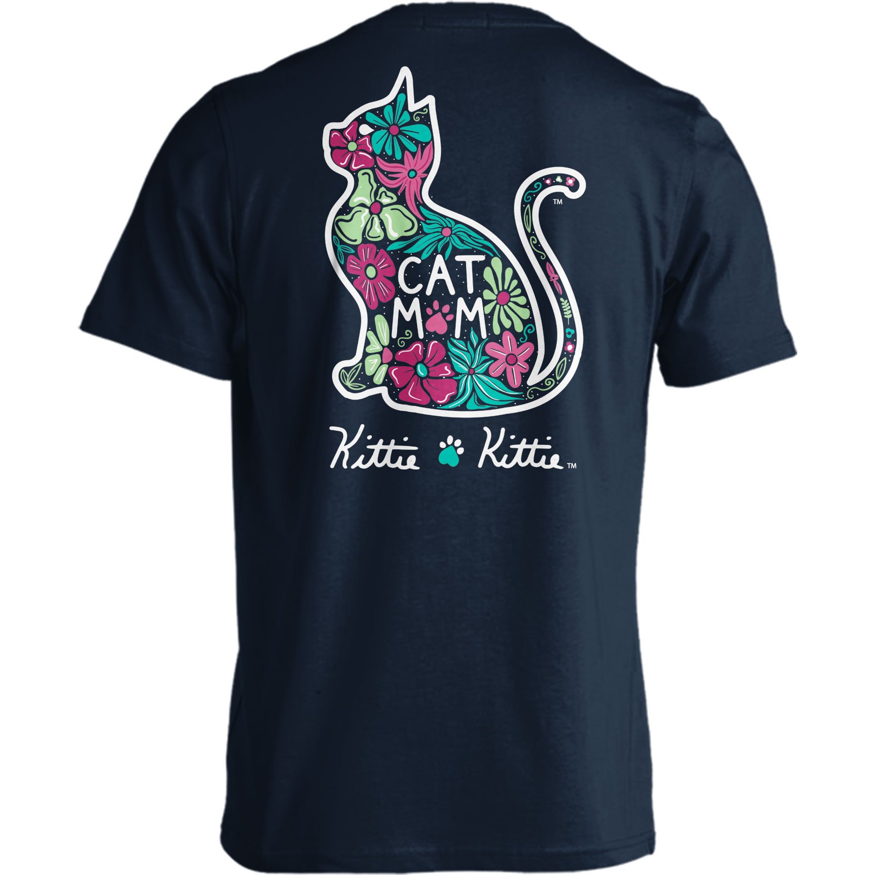 KITTIE KITTIE Floral Cat Mom Adult Short Sleeve Tee, Navy, Large