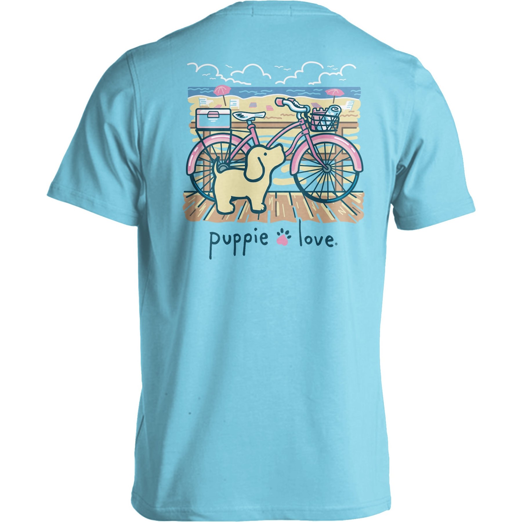 PUPPIE LOVE Beach Cruiser Pup Adult Short Sleeve Tee, Sky Blue, Large