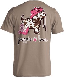 PUPPIE LOVE Cow Print Pup Adult Short Sleeve Tee, Brown Savana, Small