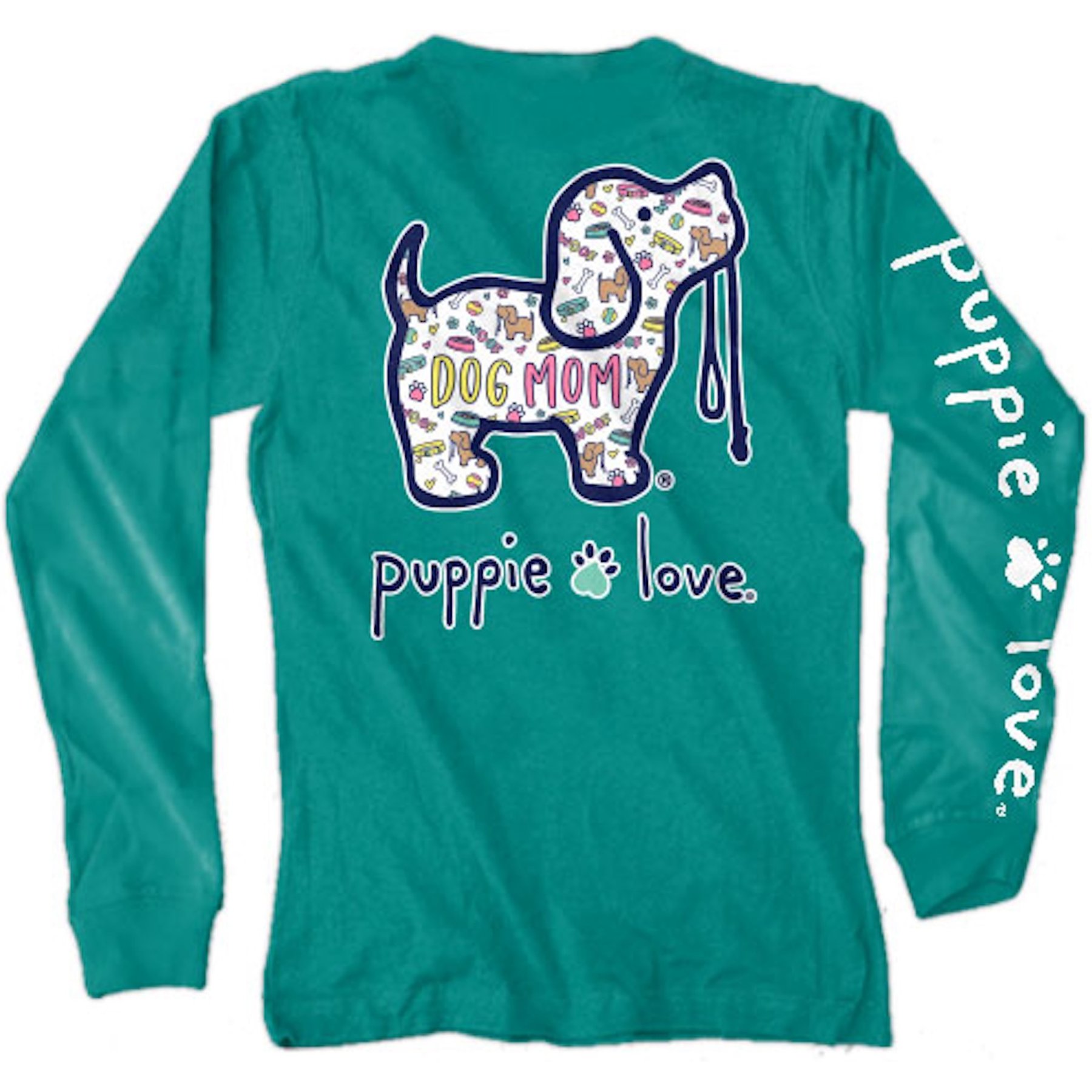 PUPPIE LOVE Dog Mom Pattern Pup Adult Long Sleeve Tee, Jade, Large
