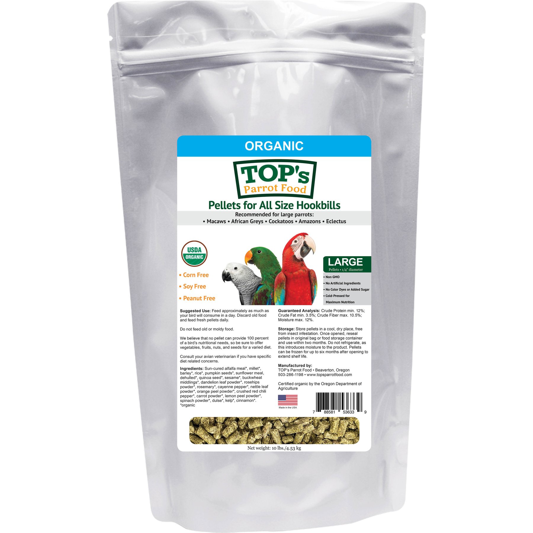 TOP's Parrot Food Organic Pellets Bird Food, 10-lb bag