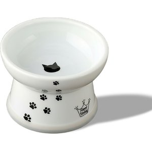 Necoichi Elevated Ceramic Cat Food Bowl, White Paw Print, 1-cup