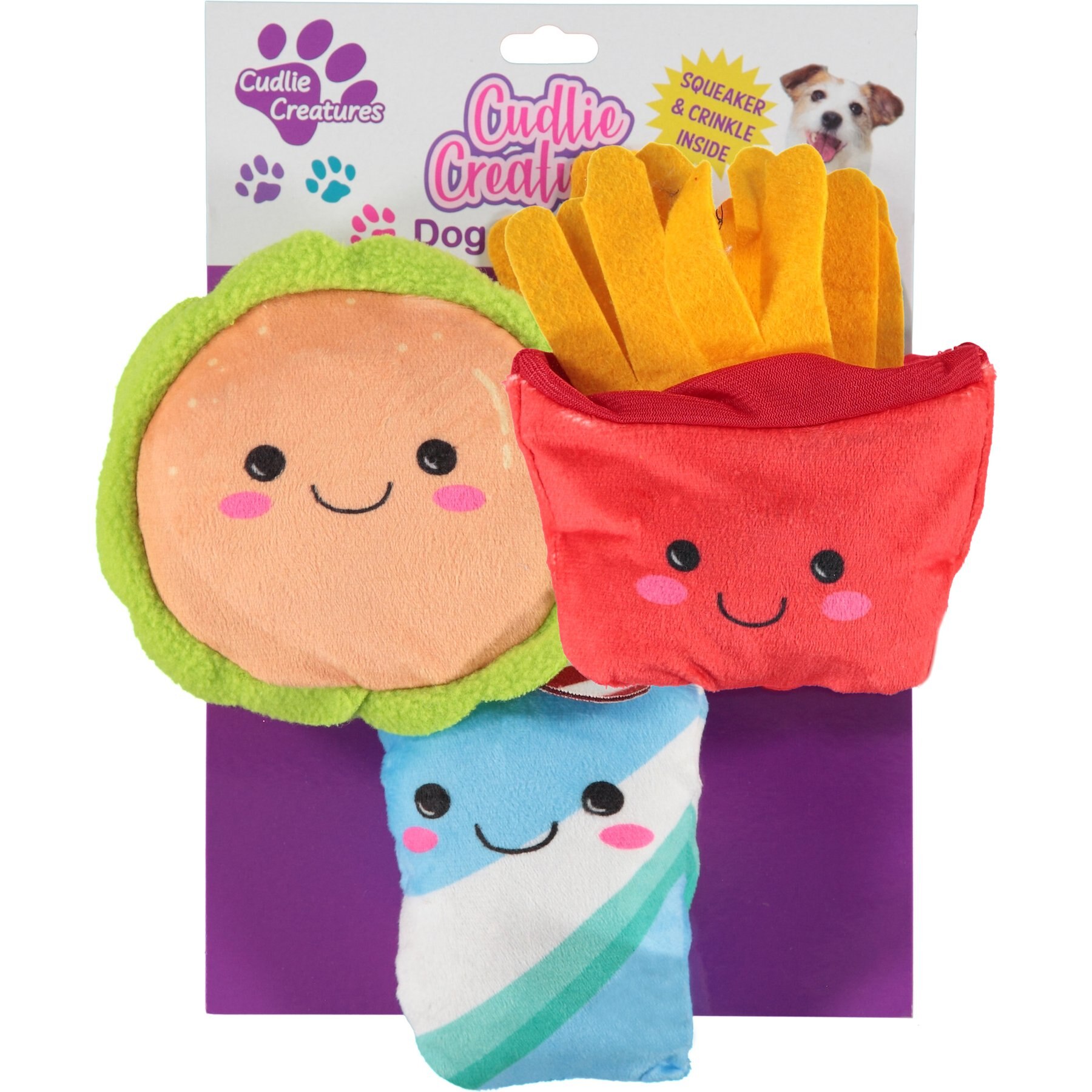 Cudlie Creatures Fries Hamburger Soda Dog Chew Toy, 3 count