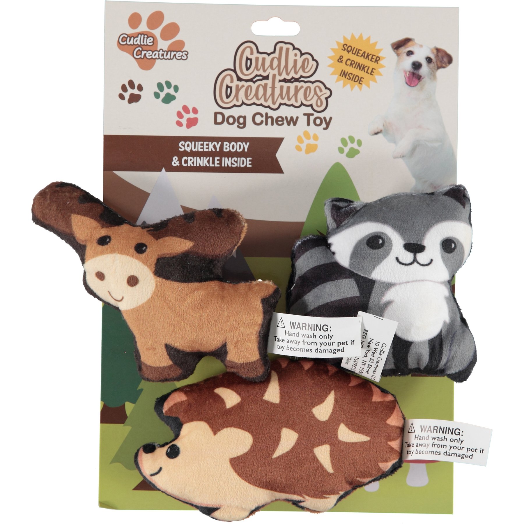 Cudlie Creatures Hedgehog Racoon Moose Dog Chew Toy, 3 count