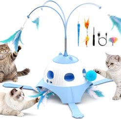 Casfuy 3-in-1 Interactive Whack-a-Mole & Rotating Feather Wand Cat Chasers Toy with Plush Tail, Blue