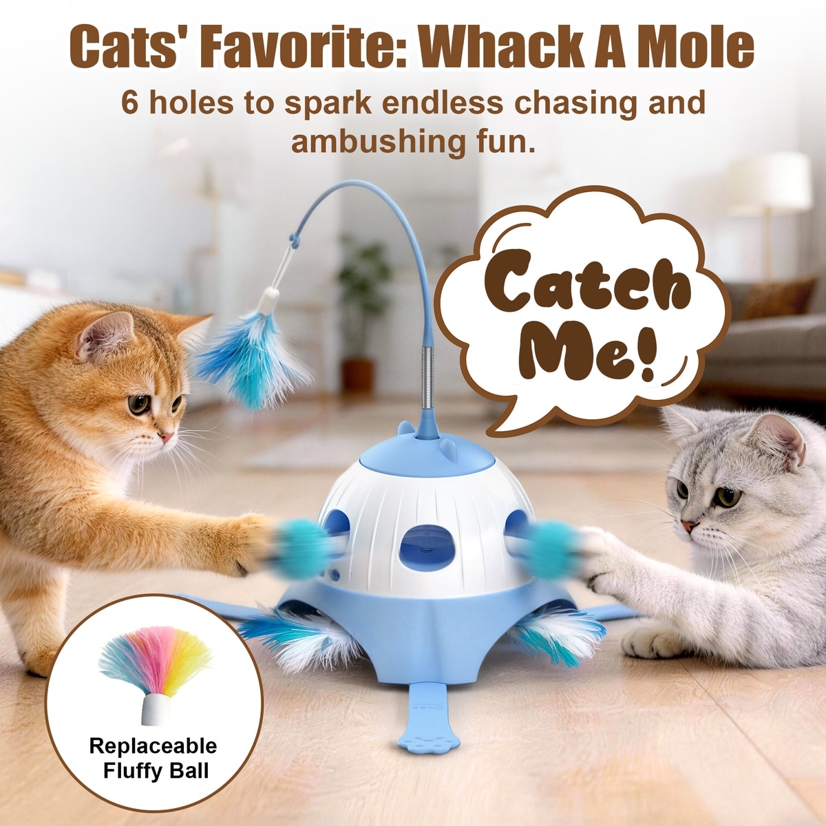 CASFUY 3-in-1 Interactive Whack-a-Mole & Rotating Feather Wand Cat ...