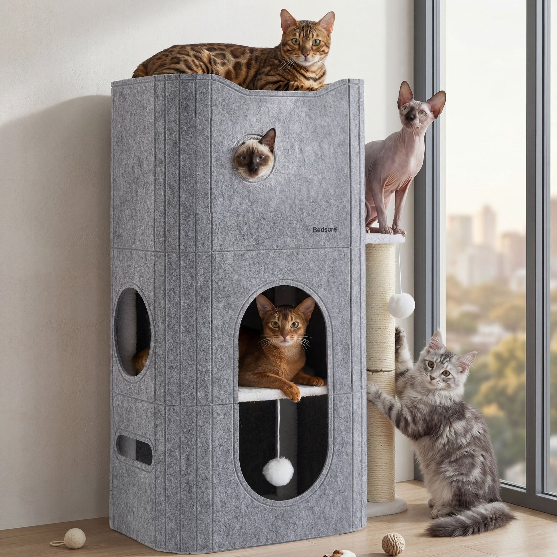 Bedsure 3-Level Modern Indoor Cat Condos Small Cat Tree for Multiple Kitties with Scratching Posts & Fluffy Ball, 22.5 x 31.5 x 13-in, Dove Grey