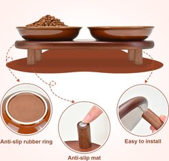 SpunkyJunky Stripped Pattern Shallow Elevated Ceramic Cat Bowl with Acacia Wood Stand Wide Raised Dishes Whisker Friendly Food & Water Plates, 8.45-oz, Brown, 1 count slide 2 of 7