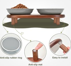 SpunkyJunky Stripped Pattern Shallow Elevated Ceramic Cat Bowl with Acacia Wood Stand Wide Raised Dishes Whisker Friendly Food & Water Plates, 8.45-oz, Gray, 1 count slide 2 of 7