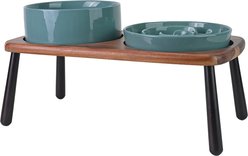 SpunkyJunky Non-Slip Slow Feeder Raised Ceramic Elevated Dog Bowl with Acacia Bamboo Wooden Stand, Dark Green, 60-oz