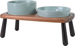 SpunkyJunky Non-Slip Slow Feeder Raised Ceramic Elevated Dog Bowl with Acacia Bamboo Wooden Stand, Light Green, 28.7-oz