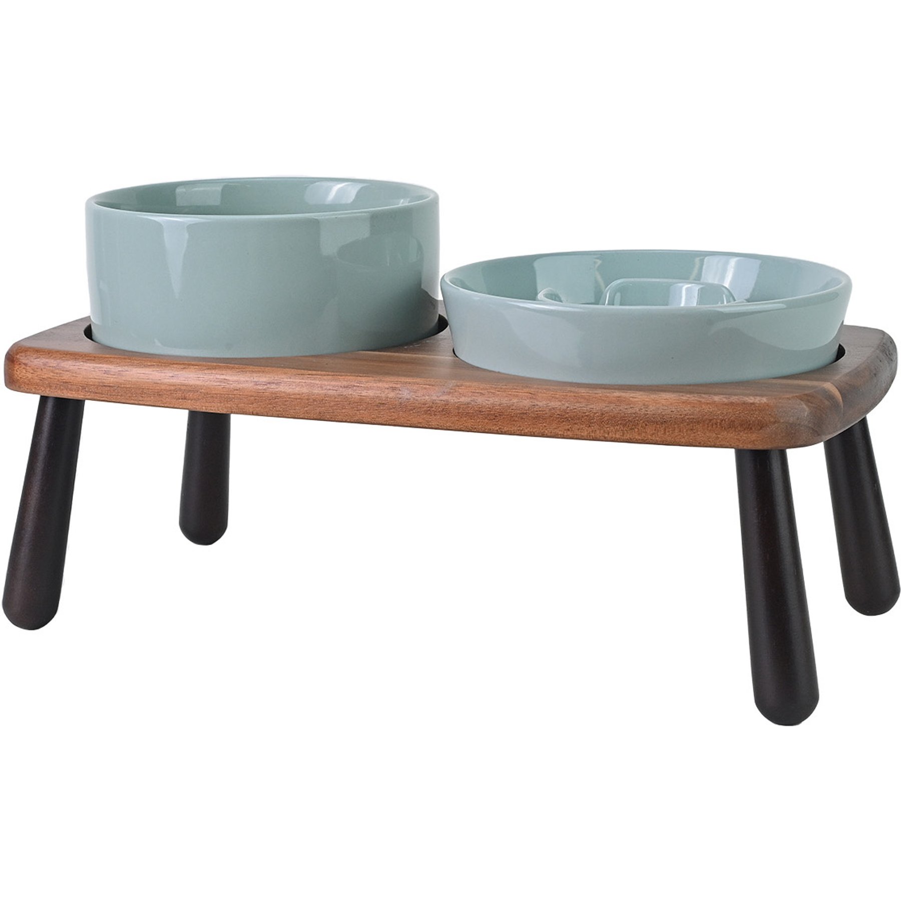 SpunkyJunky Non-Slip Slow Feeder Raised Ceramic Elevated Dog Bowl with Acacia Bamboo Wooden Stand, Light Green, 28.7-oz