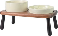 SpunkyJunky Non-Slip Slow Feeder Raised Ceramic Elevated Dog Bowl with Acacia Bamboo Wooden Stand, Beige, 28.7-oz