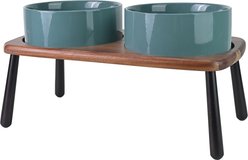 SpunkyJunky Non-Slip Micorwave Dishwasher Safe Ceramic Raised Elevated Dog Bowl with Acacia Bamboo Wooden Stand, Dark Green, 60-oz