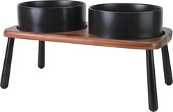 SpunkyJunky Non-Slip Micorwave Dishwasher Safe Ceramic Raised Elevated Dog Bowl with Acacia Bamboo Wooden Stand, Black, 60-oz