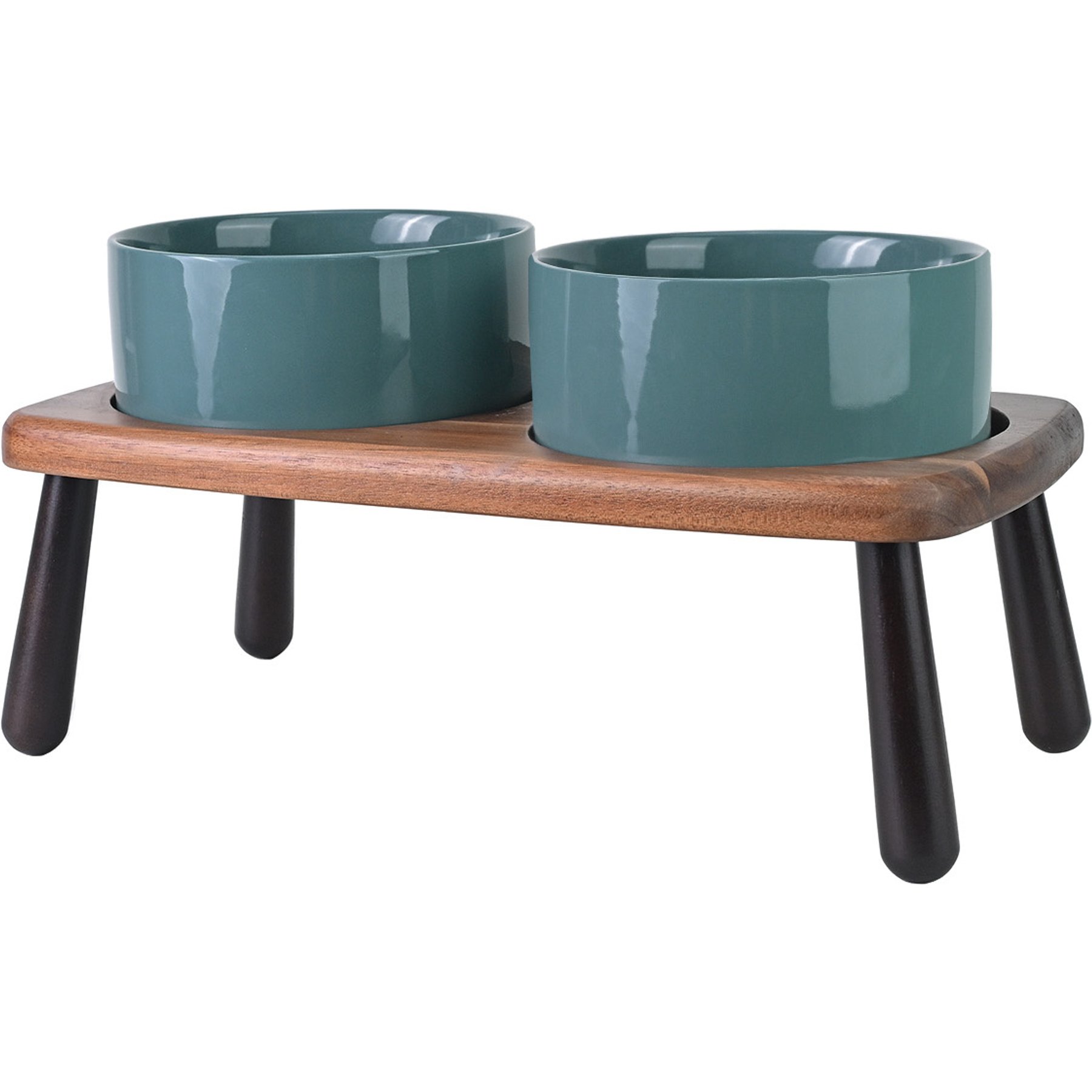 SpunkyJunky Non-Slip Micorwave Dishwasher Safe Ceramic Raised Elevated Dog Bowl with Acacia Bamboo Wooden Stand, Dark Green, 28.7-oz