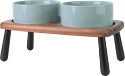 SpunkyJunky Non-Slip Micorwave Dishwasher Safe Ceramic Raised Elevated Dog Bowl with Acacia Bamboo Wooden Stand, Light Green, 28.7-oz