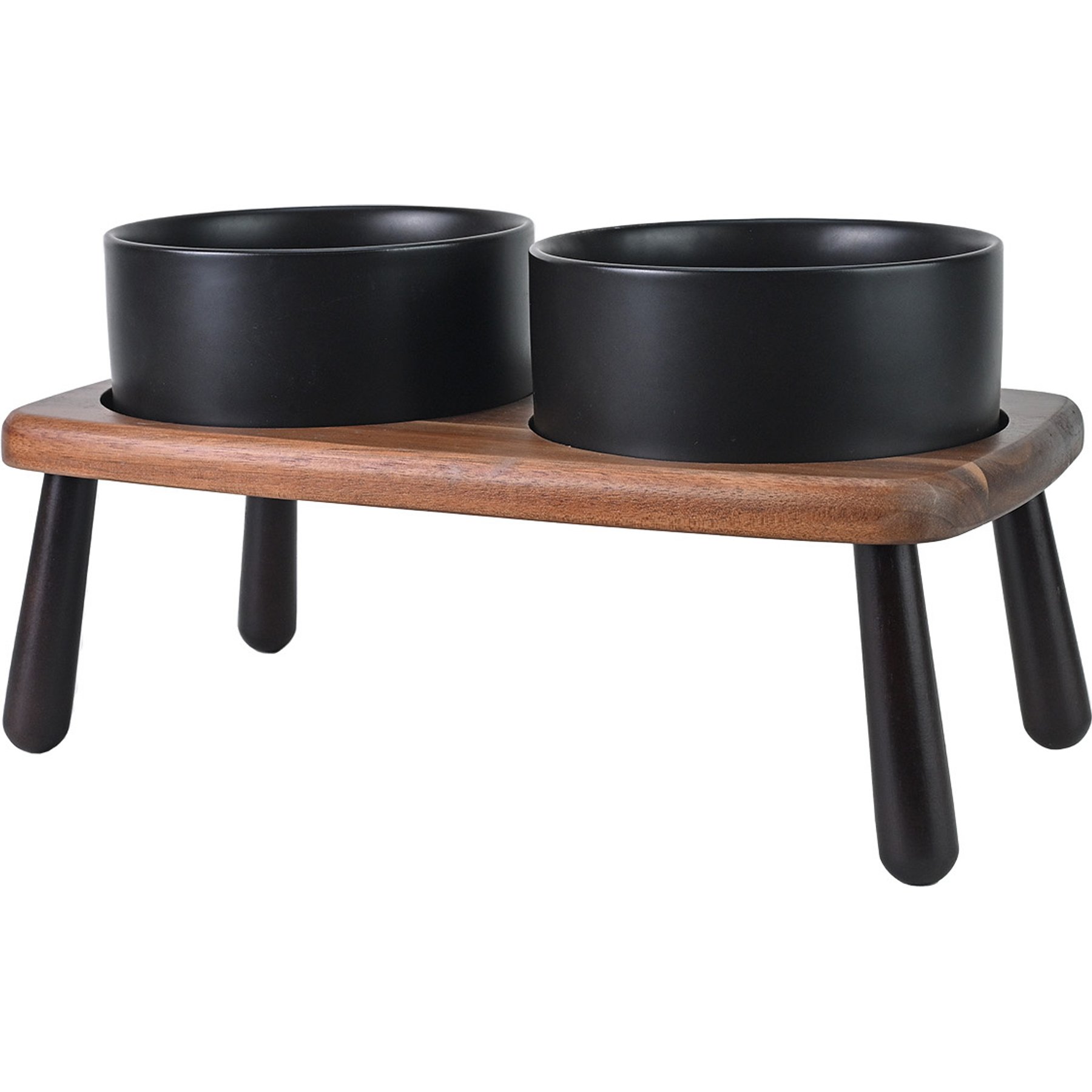SpunkyJunky Non-Slip Micorwave Dishwasher Safe Ceramic Raised Elevated Dog Bowl with Acacia Bamboo Wooden Stand, Black, 28.7-oz