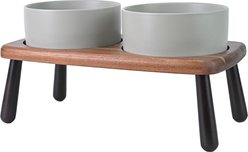SpunkyJunky Non-Slip Micorwave Dishwasher Safe Ceramic Raised Elevated Dog Bowl with Acacia Bamboo Wooden Stand, Grey, 28.7-oz