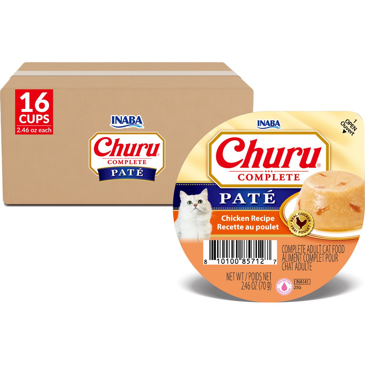 Inaba Churu Complete Chicken Recipe Grain-Free, High Moisture Pate Wet Cat Food, 2.46-oz cup, case of 16