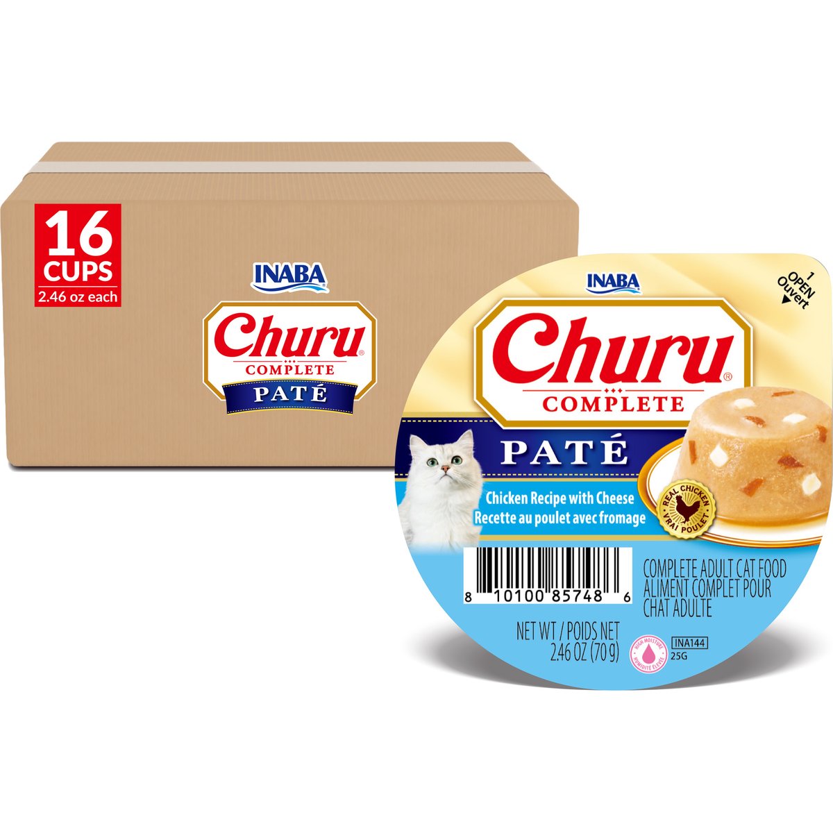 Inaba Churu Complete Chicken Recipe with Cheese Grain-Free, High Moisture Pate Wet Cat Food, 2.46-oz cup, case of 16