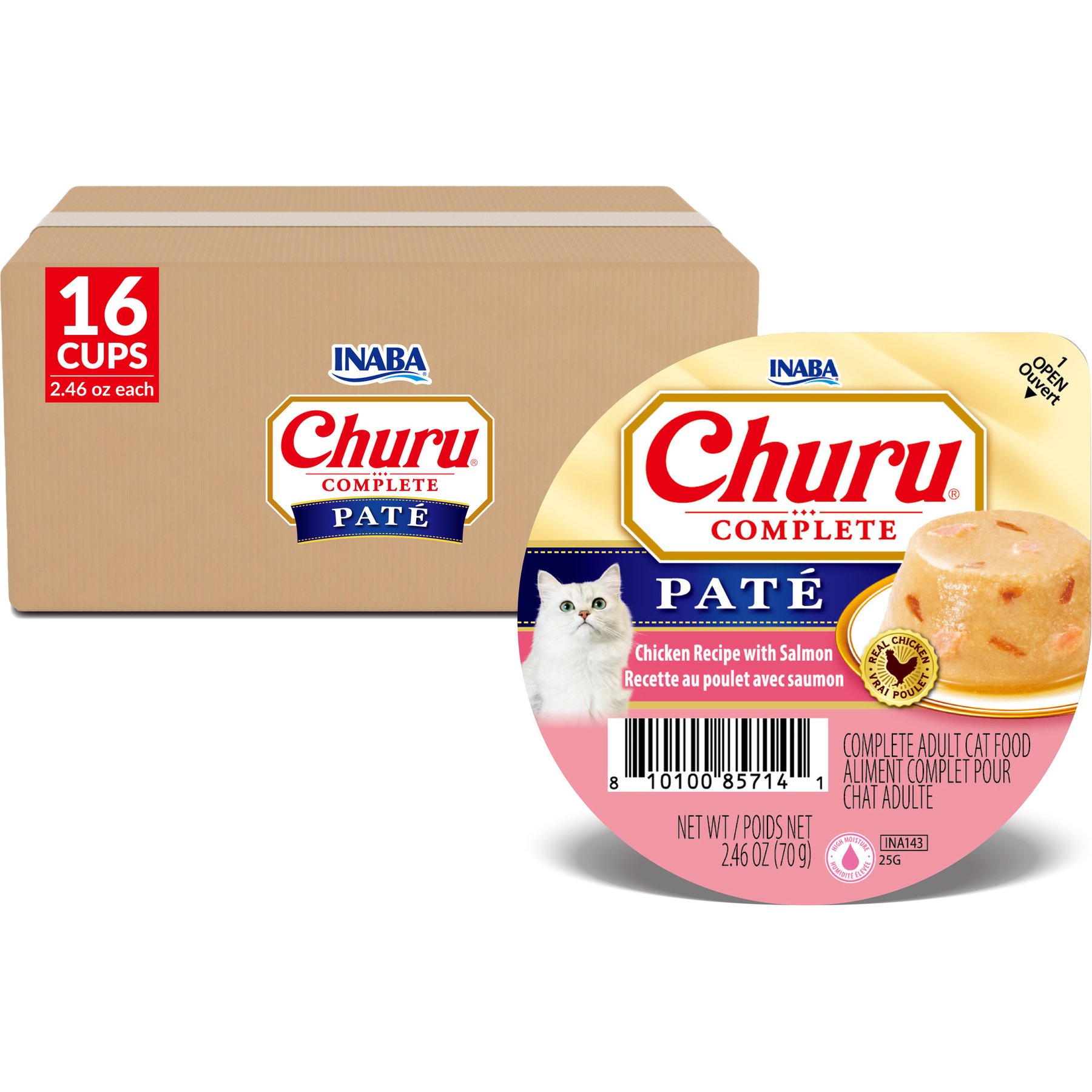 Inaba Churu Complete Chicken Recipe with Salmon Grain-Free, High Moisture Pate Wet Cat Food, 2.46-oz cup, case of 16