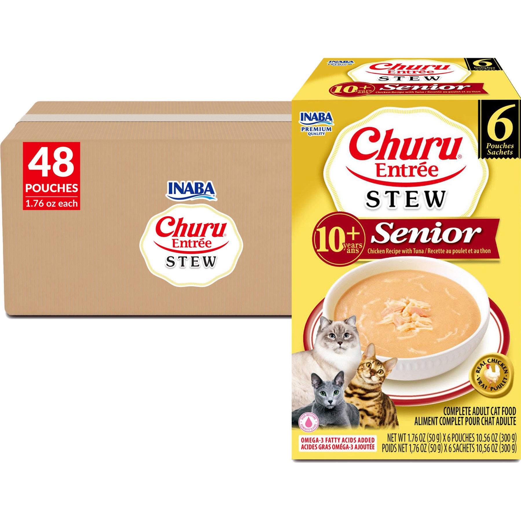 Inaba Churu Entrée Senior Chicken Recipe with Tuna Grain-Free, High Moisture, Prebiotic Stew Wet Cat Food, 1.76-oz pouch, 48 count
