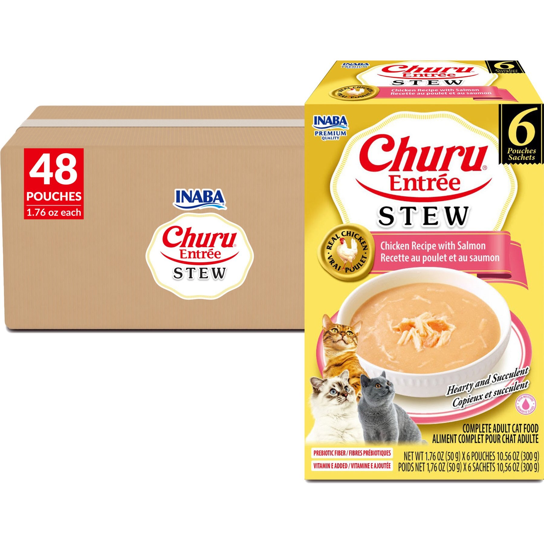 Inaba Churu Entrée Chicken Recipe with Salmon Grain-Free, High Moisture, Prebiotic Stew Wet Cat Food, 1.76-oz pouch, 48 count