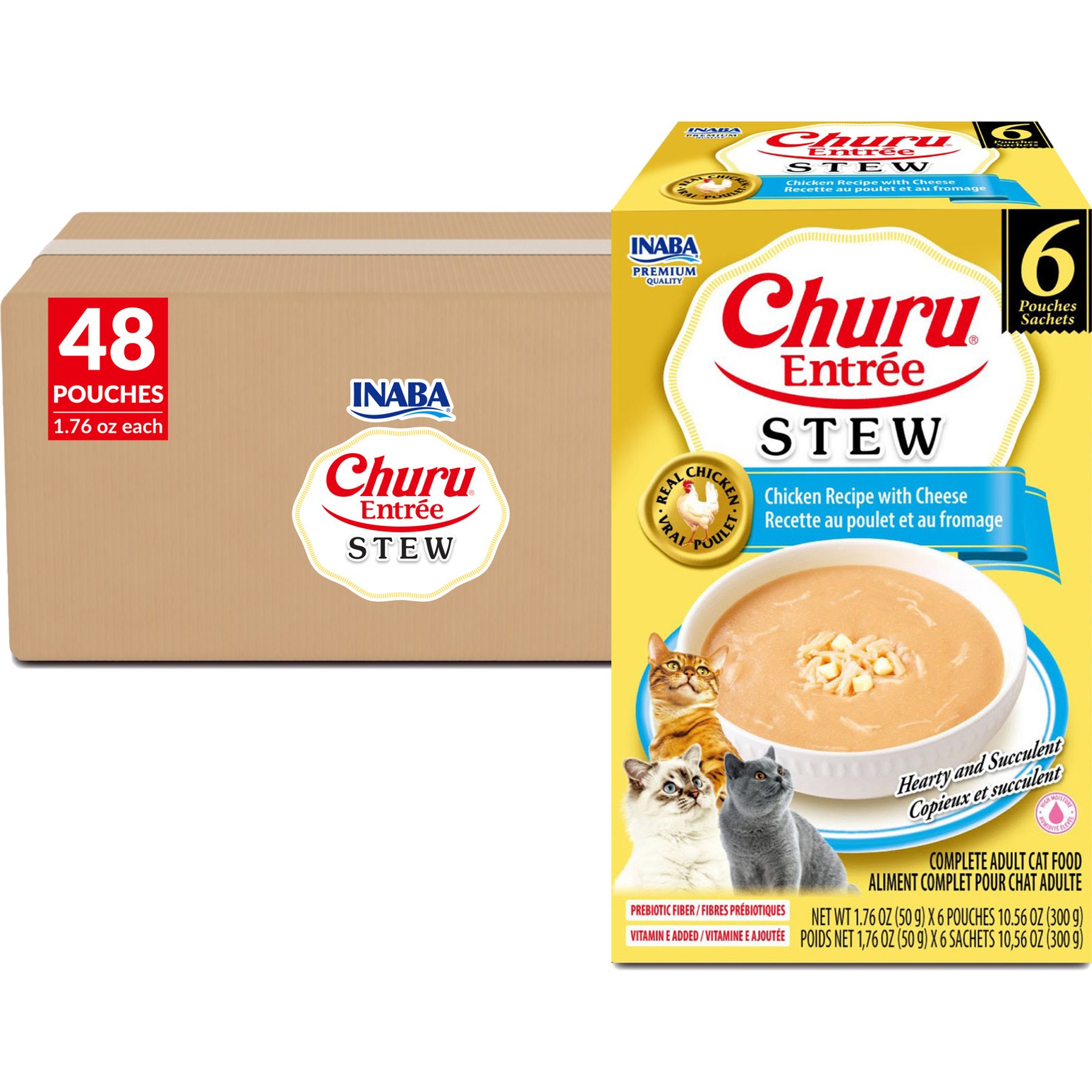Inaba Churu Entrée Chicken Recipe with Cheese Grain-Free, High Moisture, Prebiotic Stew Wet Cat Food, 1.76-oz pouch, 48 count