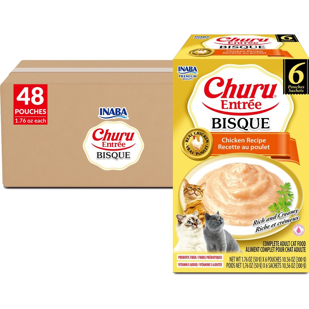 Inaba Churu Entrée Chicken Recipe Bisque Grain-Free, High Moisture, Prebiotic Bits-in-Broth Wet Cat Food, 1.76-oz pouch, 48 count