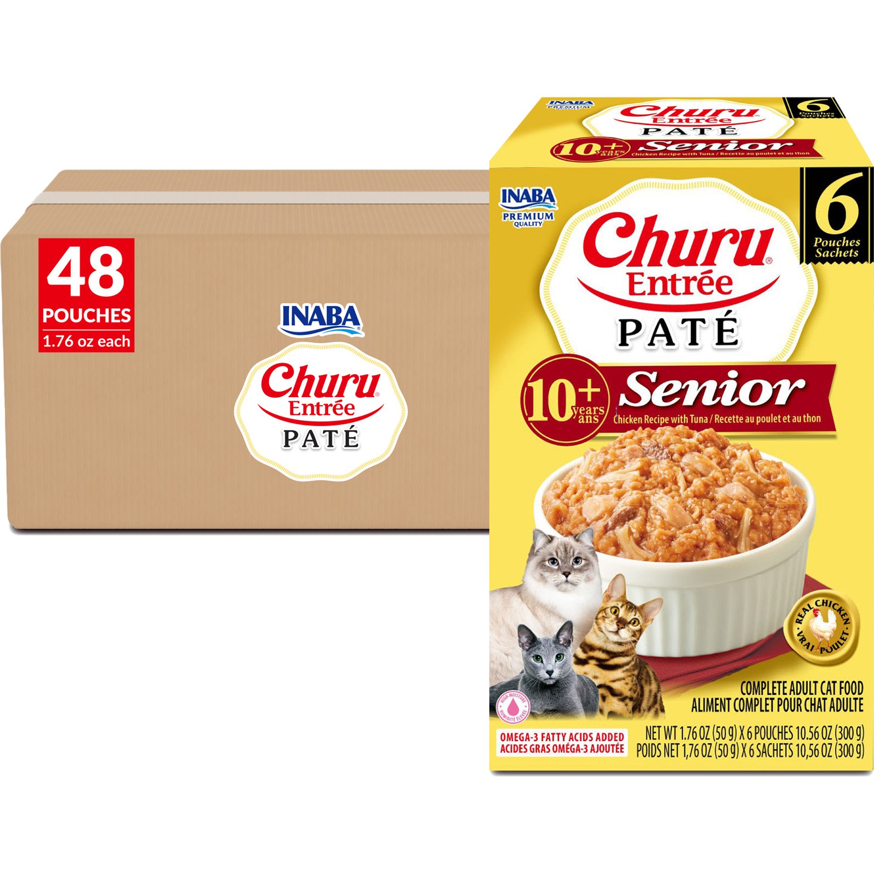 Inaba Churu Entrée Senior Chicken Recipe with Tuna Grain-Free, High Moisture, Prebiotic Pate Wet Cat Food, 1.76-oz pouch, 48 count