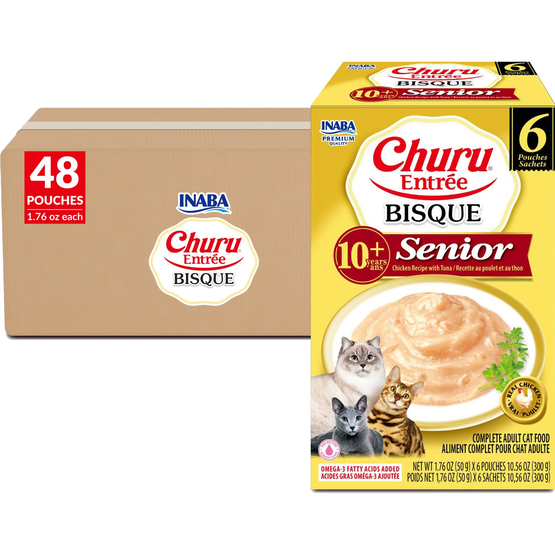 Inaba Churu Entrée Senior Chicken Recipe with Tuna Bisque Grain-Free, High Moisture, Prebiotic Bits-in-Broth Wet Cat Food, 1.76-oz pouch, 48 count