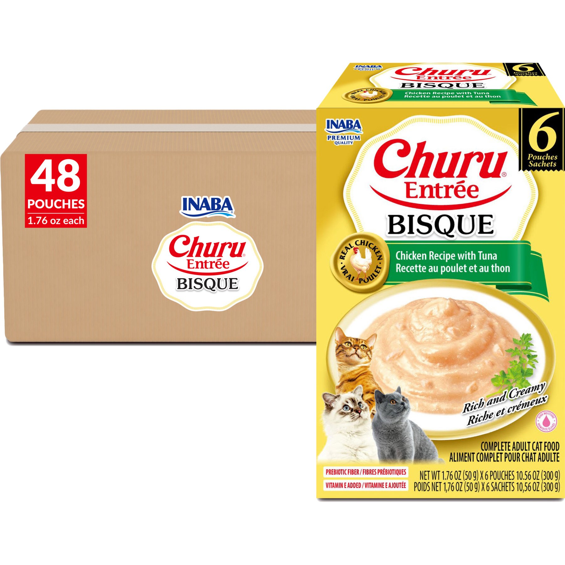 Inaba Churu Entrée Chicken Recipe with Tuna Bisque Grain-Free, High Moisture, Prebiotic Bits-in-Broth Wet Cat Food, 1.76-oz pouch, 48 count