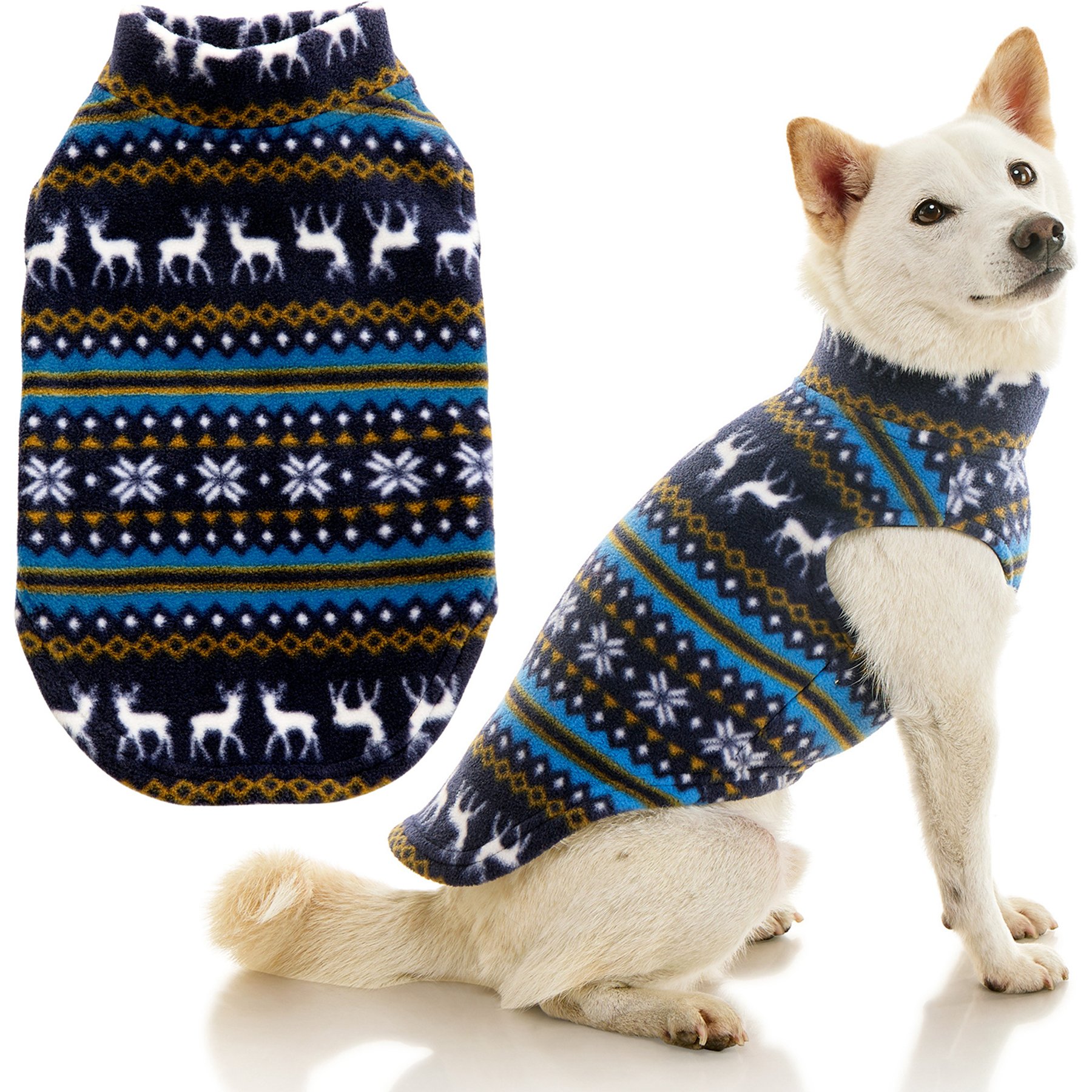 Gooby Stretch Fleece Dog Sweater Vest, Reindeer Blue, Medium: 15-in chest