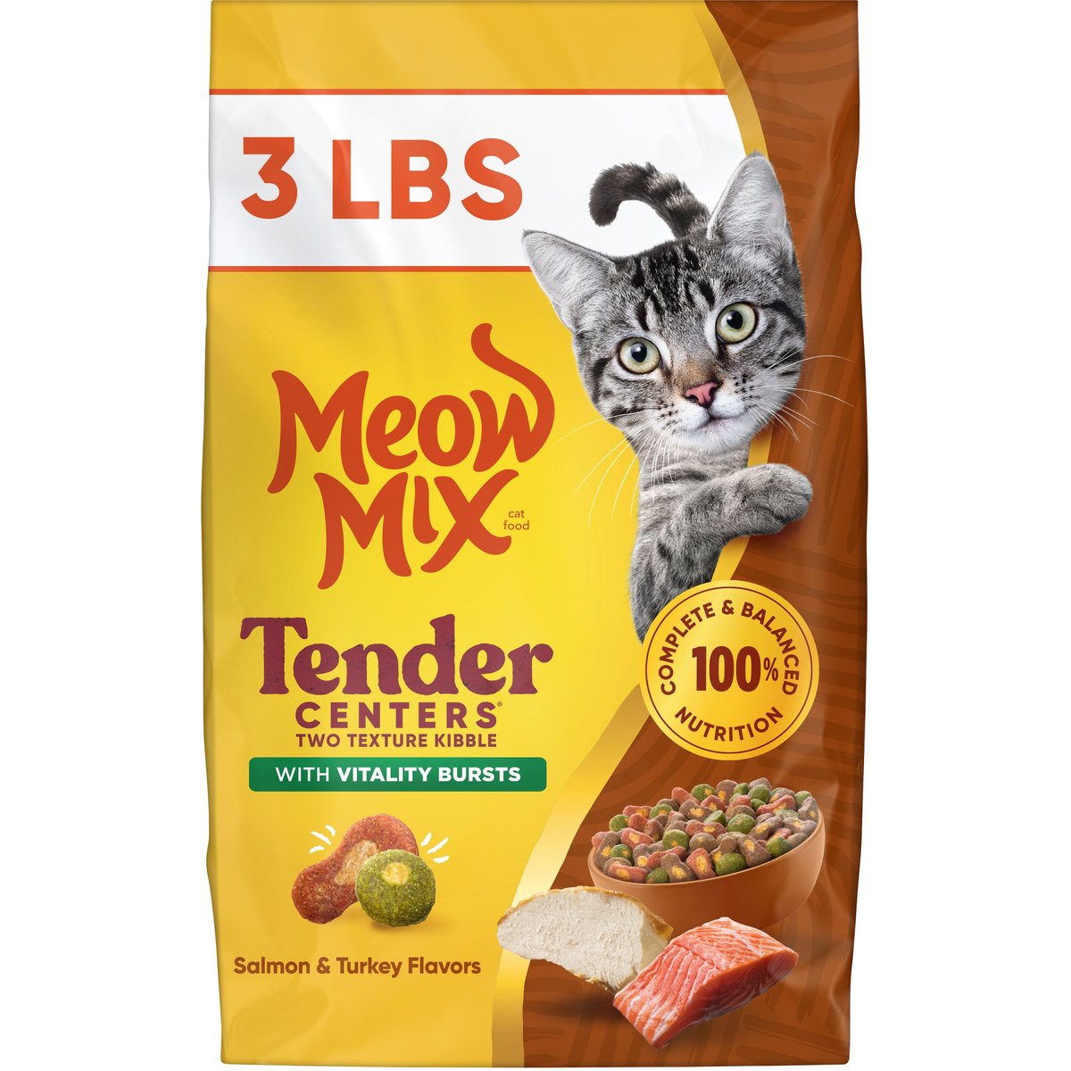 Meow Mix Tender Centers Vitality Bursts Salmon & Turkey Flavored Dry Cat Food, 3-lb bag