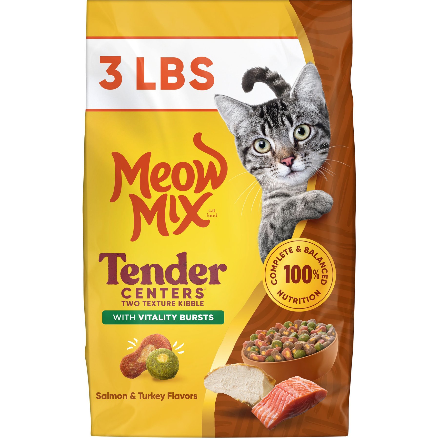 Meow Mix Tender Centers Vitality Bursts Salmon & Turkey Flavored Dry Cat Food, 3-lb bag