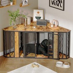 Saudism Corner Wooden Dog Crate with Diamond Metal Decoration, Large: 67-in, Retro Brown