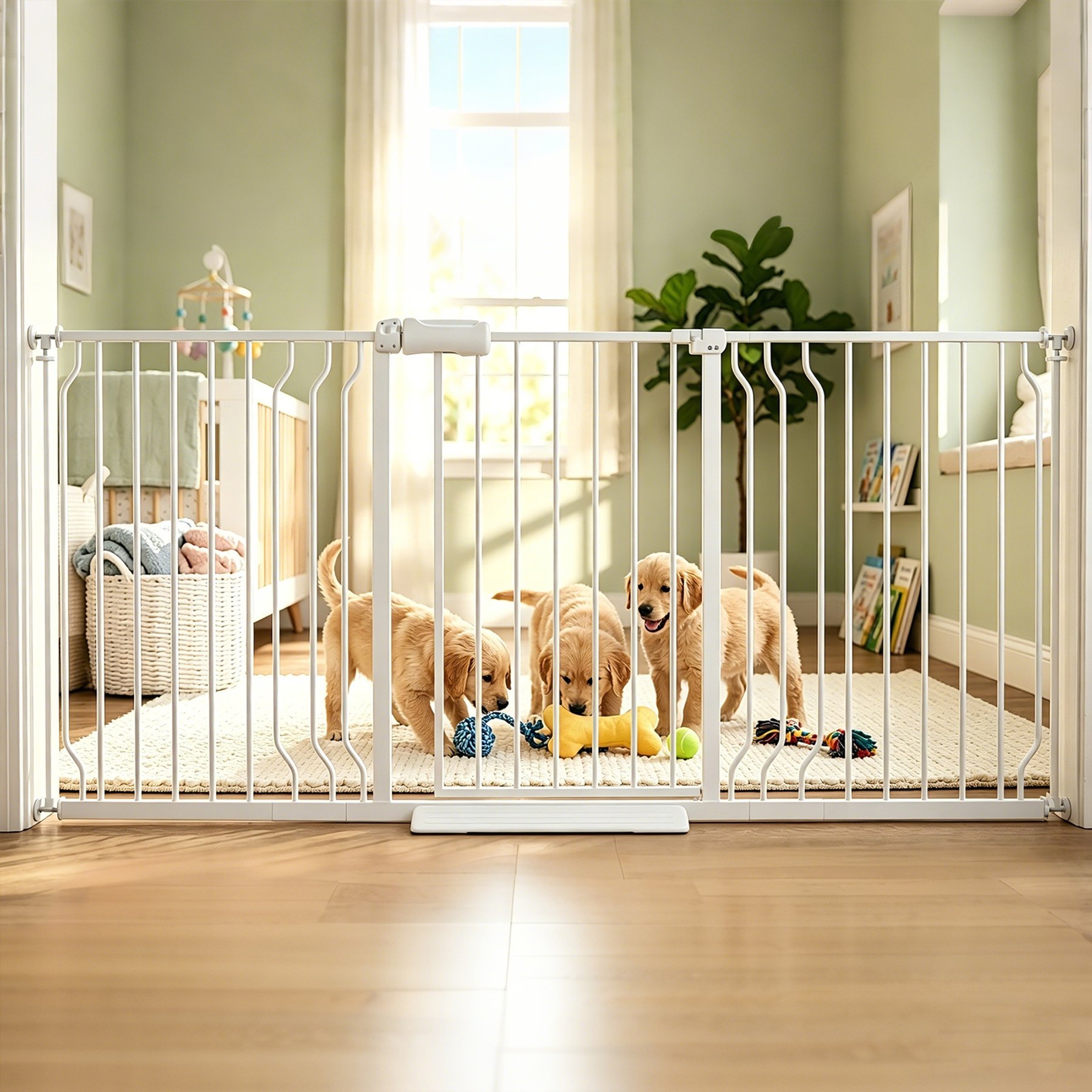 WAOWAO Extra Wide Pressure-Mounted Auto Close & Dual Lock Adjustable Metal Pet Dog Gate, 63-72-in, White
