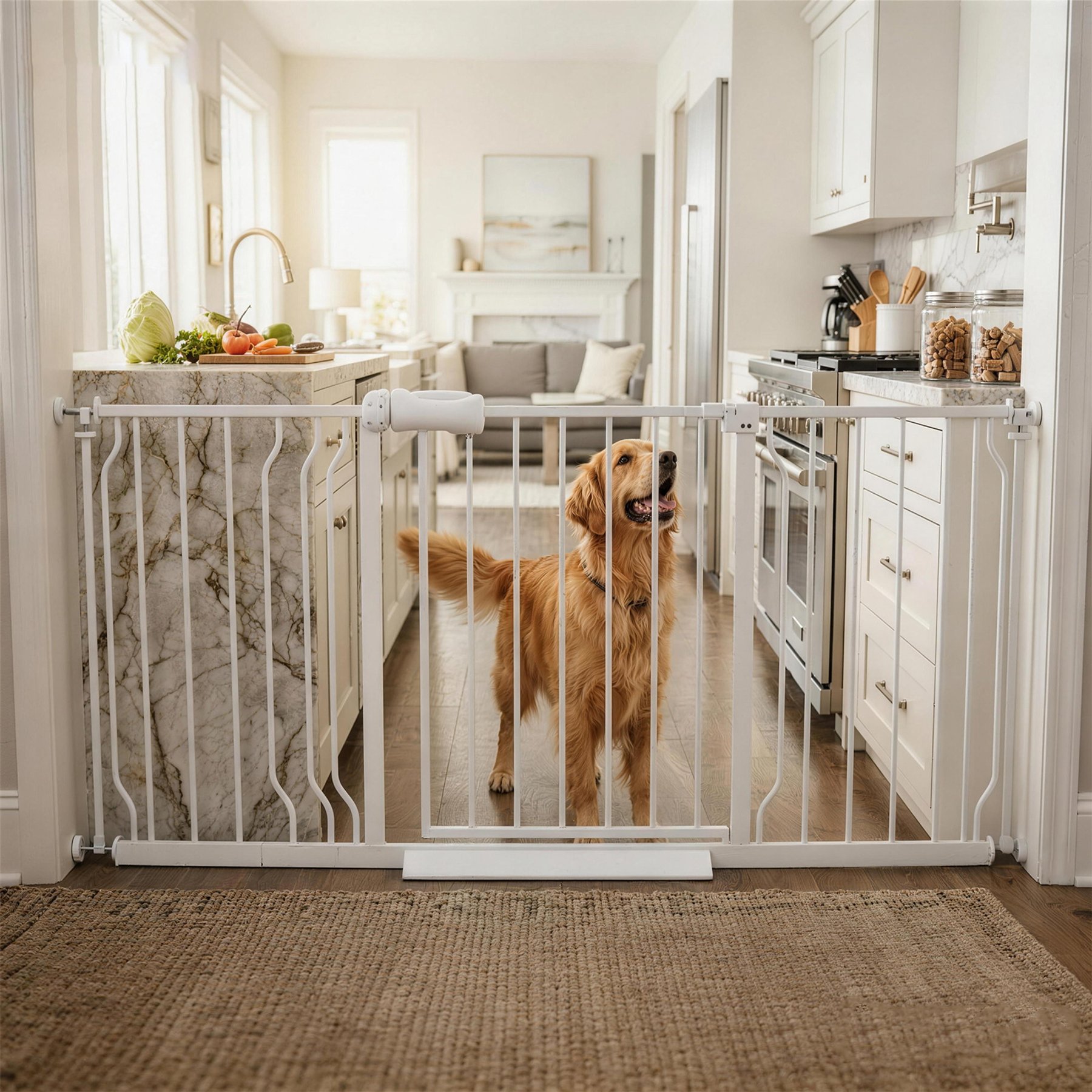 WAOWAO Extra Wide Pressure-Mounted Auto Close & Dual Lock Adjustable Metal Pet Dog Gate, 53-63-in, White