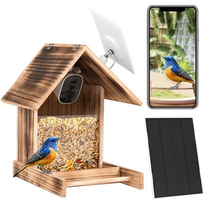 Coziwow Coziwow Wild Bird Smart Feeder with Solar Powered Camera, Torched Wood, 2.5-L