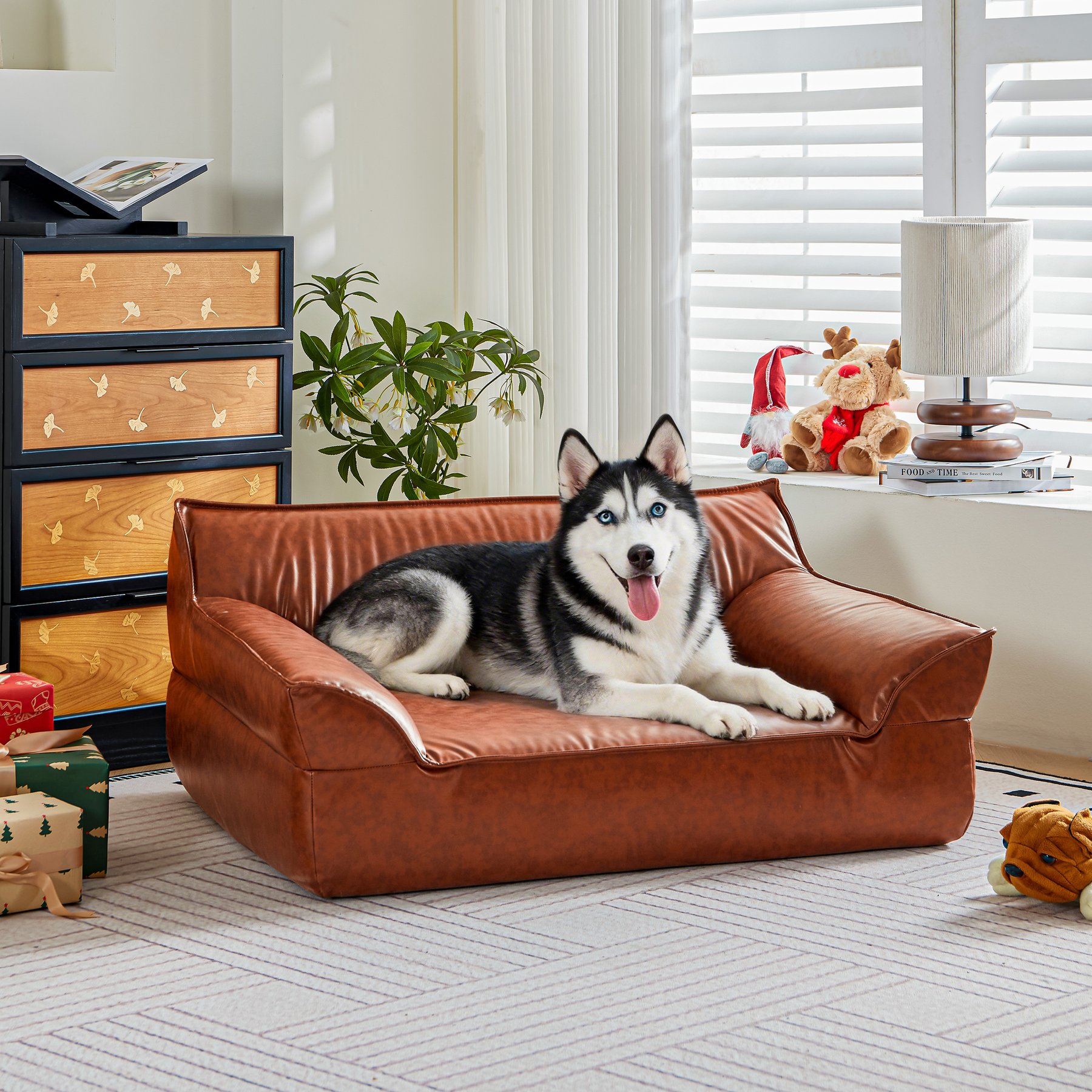 ATJafurn Mid-Century Modern Orthopedic Leather Furniture Style Sofa Dog Bed, Brown, Large
