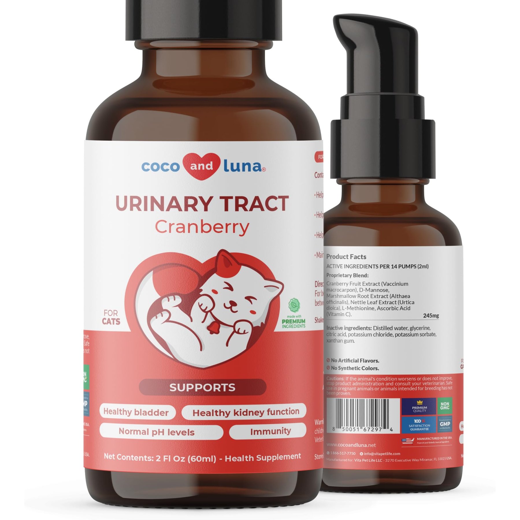 Coco and Luna Cranberry Urinary Tract Health Liquid Supplement for Cats, 2-fl oz bottle