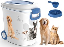Yafylly Easy Pour Design Dog & Cat Food Storage Container with Wheels & Airtight Lid, White/Blue, Medium: 40-lb