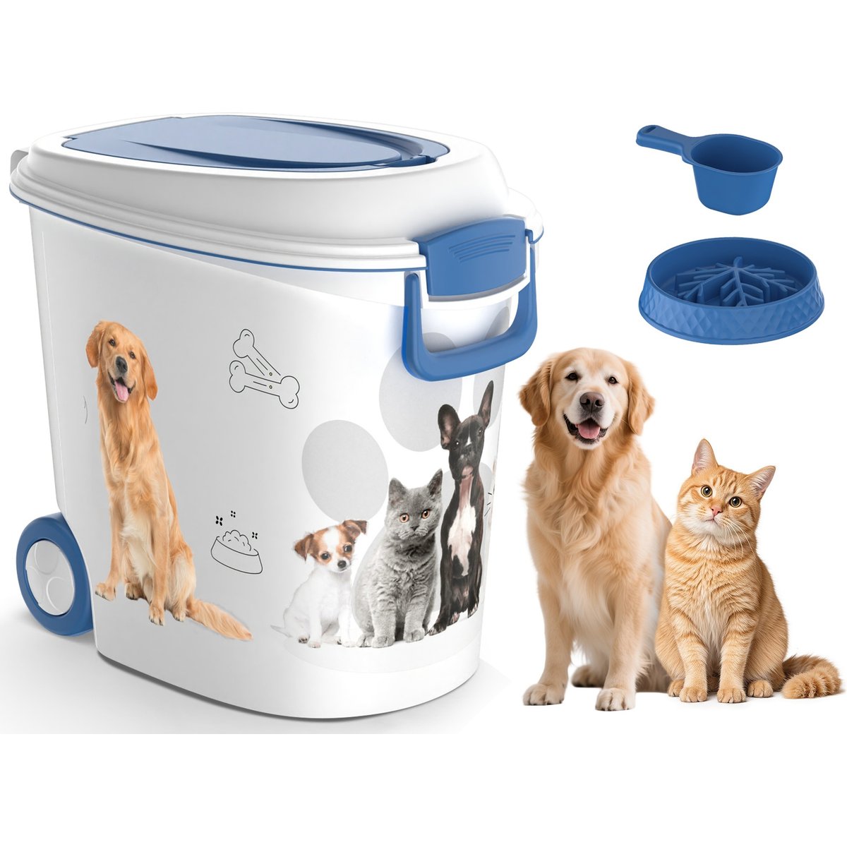 Yafylly Easy Pour Design Dog & Cat Food Storage Container with Wheels & Airtight Lid, White/Blue, Medium: 40-lb