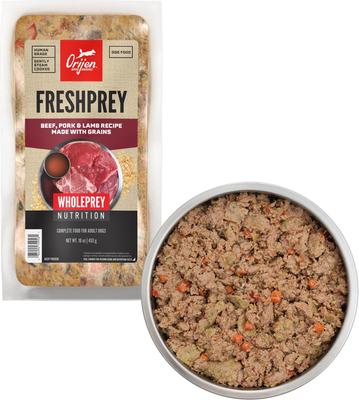 ORIJEN FRESHPREY Beef, Pork & Lamb Recipe Grain-Inclusive Frozen Dog Food, 16-oz pouch, case of 7